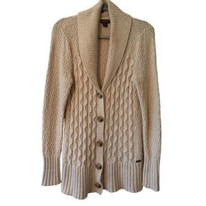 Eddie Bauer Wool Womens Beige Cable Knit Button up Cardigan Sweater M